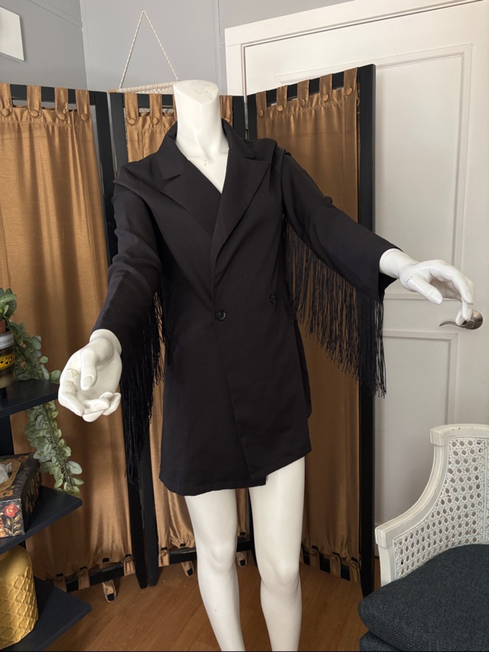 Black Fringe Double-Breasted Women's Blazer Coat